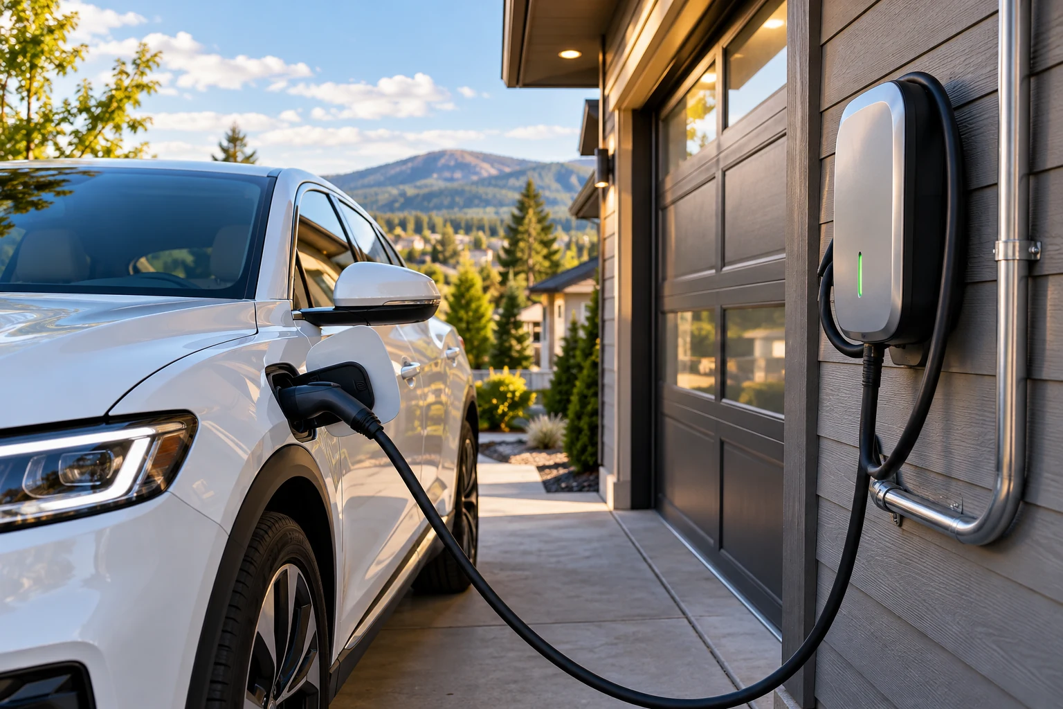 Winter-rated Level 2 EV charging station with flexible sub-zero cable in Spokane winter